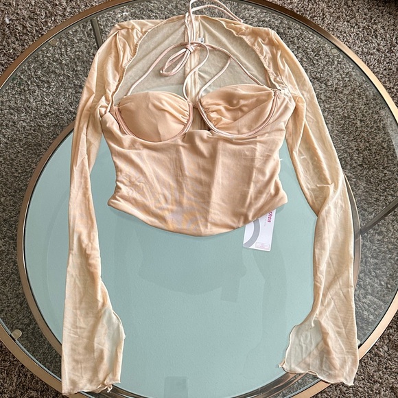 PARTHEA Tie Back Split Cuff Ruched Mesh Corset Top Khaki - Picture 7 of 10